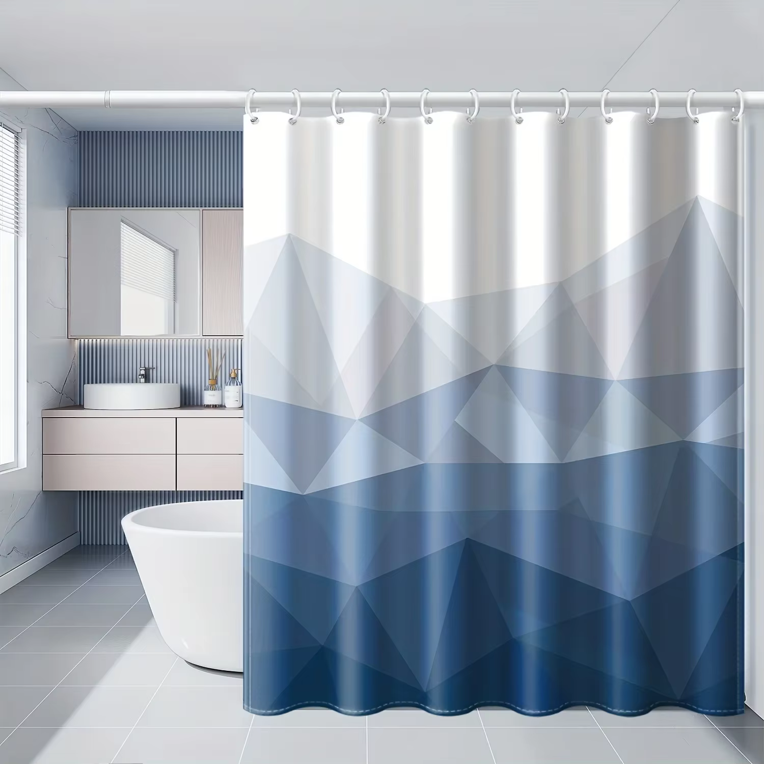 Rideau de douche imperméable géométrique bleu et blanc élégant – Parfait pour ajouter un toucher moderne et élégant à votre décoration de salle de bain