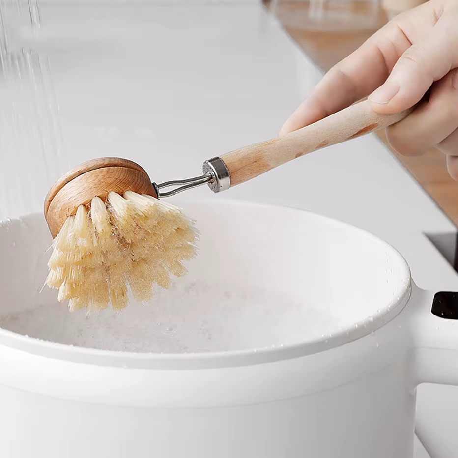 Brosse de nettoyage de cuisine en bambou, vaisselle naturelle, casseroles, poêles, évier, brosse de lavage, épurateur propre écologique avec plateau de rangement égouttoir