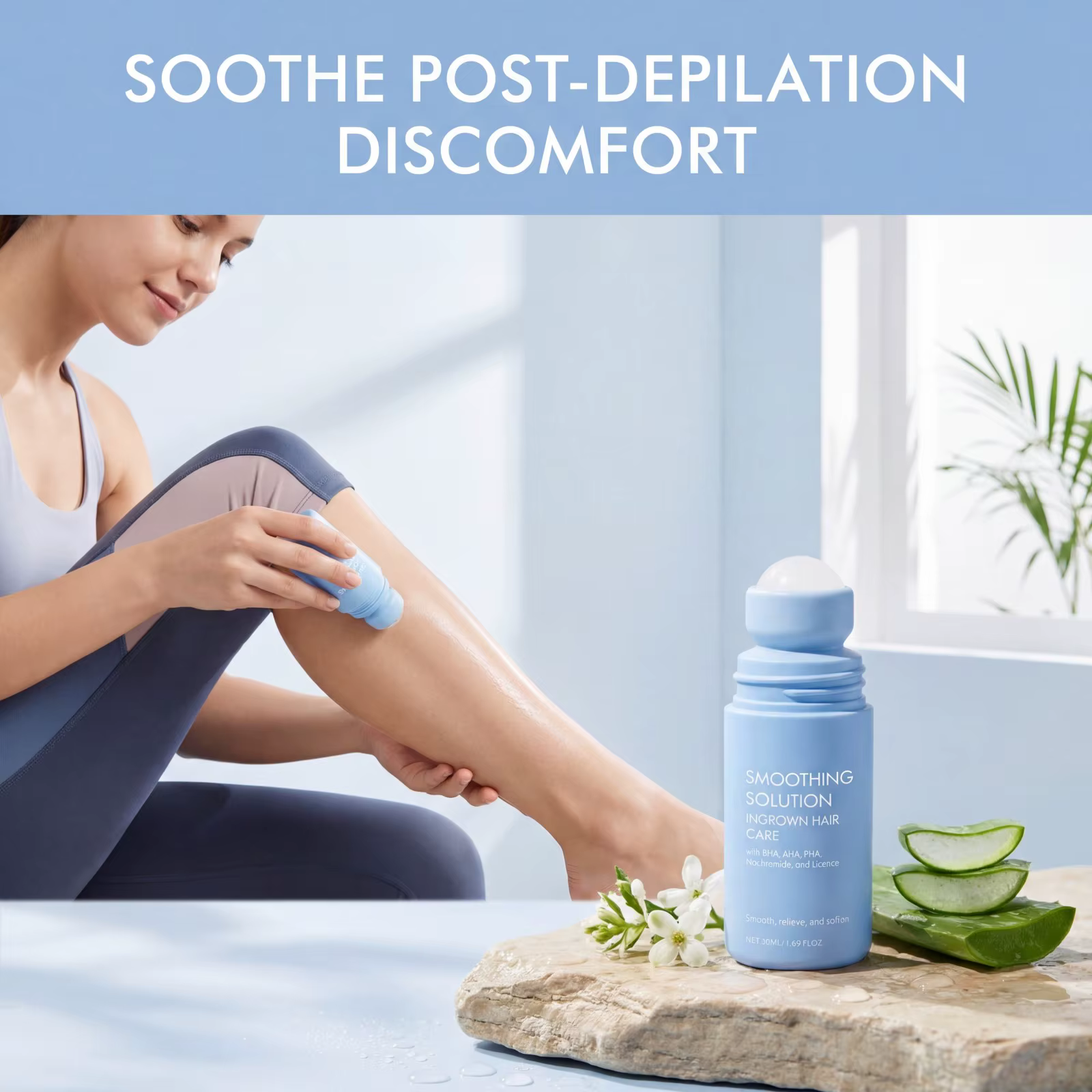 Solution lissante pour poils incarnés – Rouleau de soin hydratant pour les poils incarnés du maillot de bain et des aisselles – Sérum roll-on à la Centella