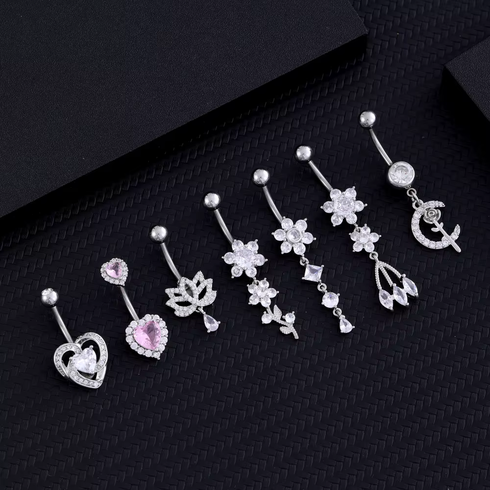 1PC Piercing de nombril long pour femme, motif fleur cœur, bijoux de corps sexy en acier inoxydable, anneaux de nombril courbés