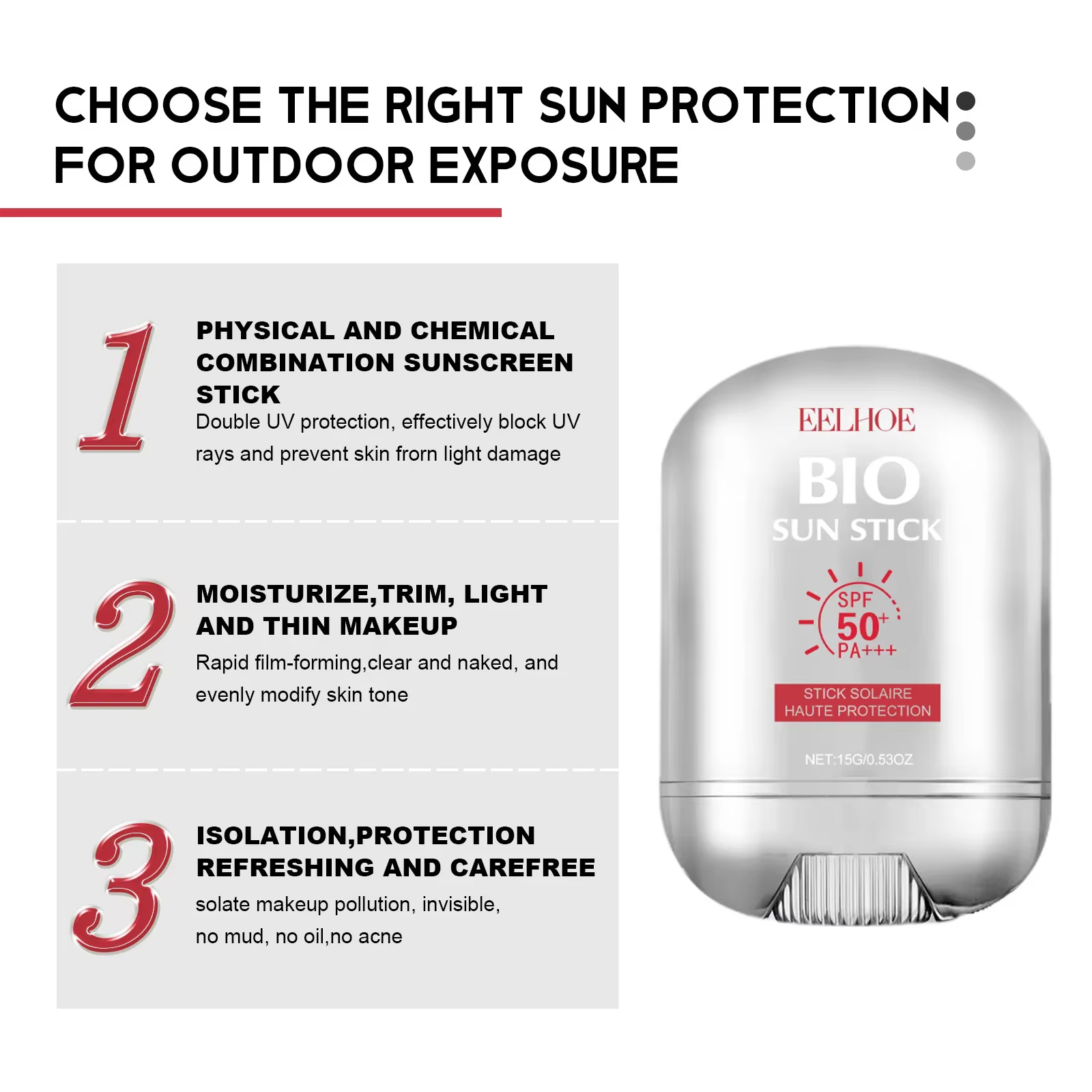 Bâton de protection solaire pour le visage Spf 50 +