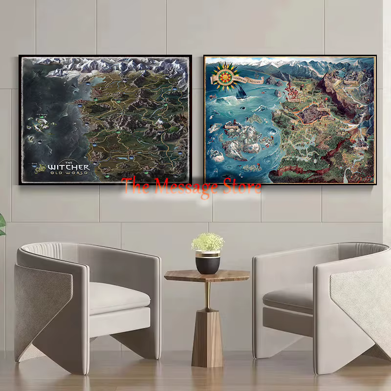 Carte du monde Witcher, localisation continentale, Art mural, jeu vidéo, décor de salle de Gamer, affiche, peinture sur toile, images murales, décoration de maison, cadeaux