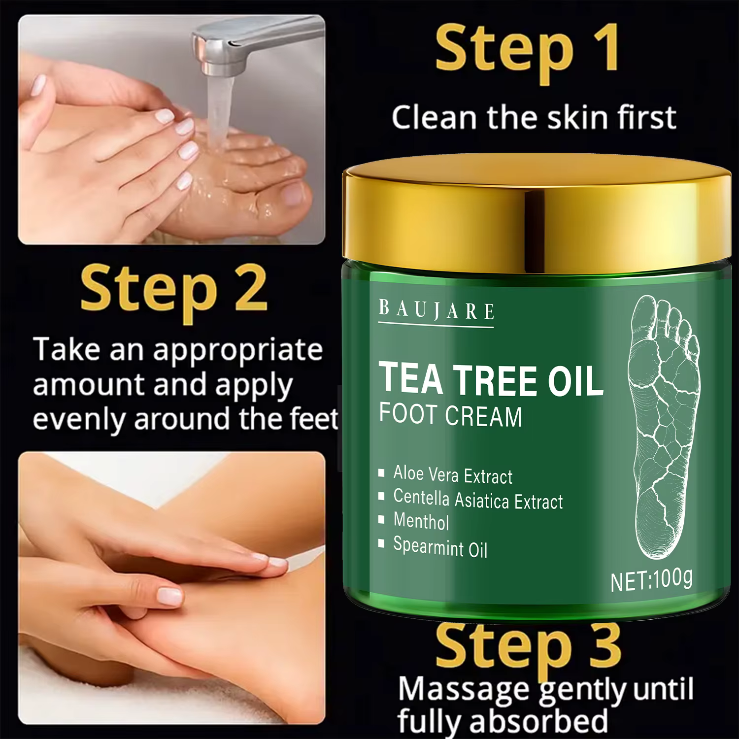 Crème pour les pieds à l'huile d'arbre à thé à l'aloe vera et au menthol - Hydrate et adoucit la peau avec l'acide hyaluronique et le rétinol