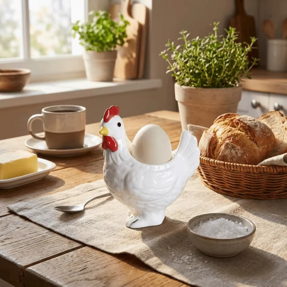 Porte-œuf en céramique en forme de poulet mignon, décoratif, 3D, surface lisse, pour le petit-déjeuner