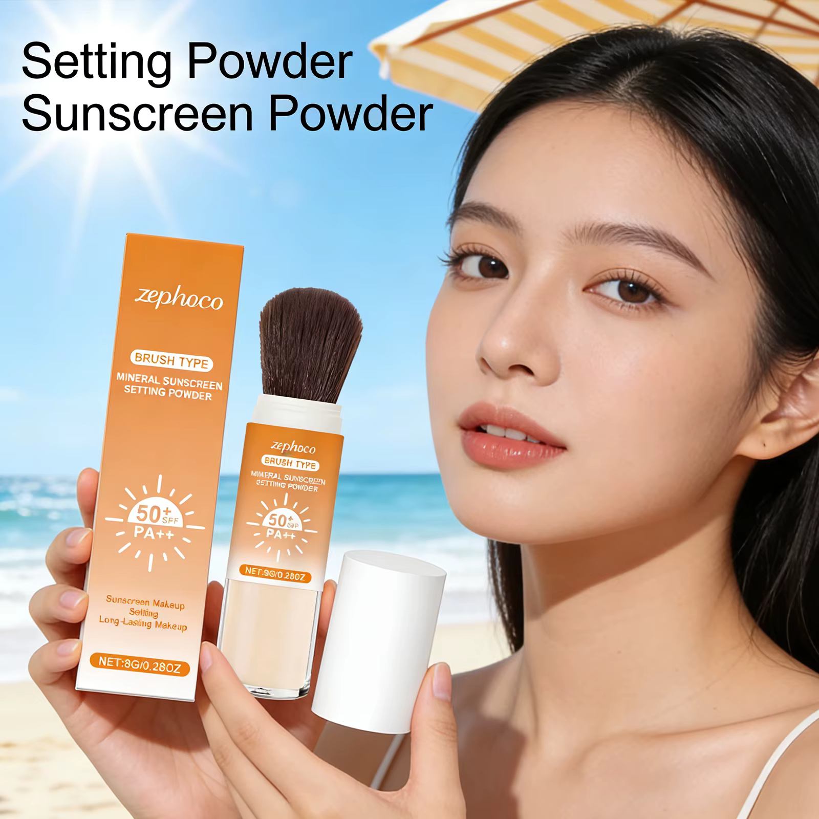 Poudre fixante solaire SPF 50+ Contrôle du sébum Longue tenue Fini mat Naturel Lisse Protection Respirante Maquillage Visage Extérieur