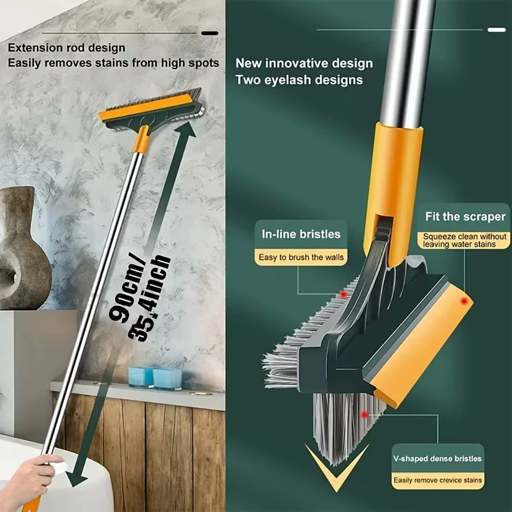 Brosse de nettoyage 2-en-1 pour sol de salle de bain, brosse à long manche avec raclette amovible, balai magique, outil de nettoyage pour carrelage et cuisine