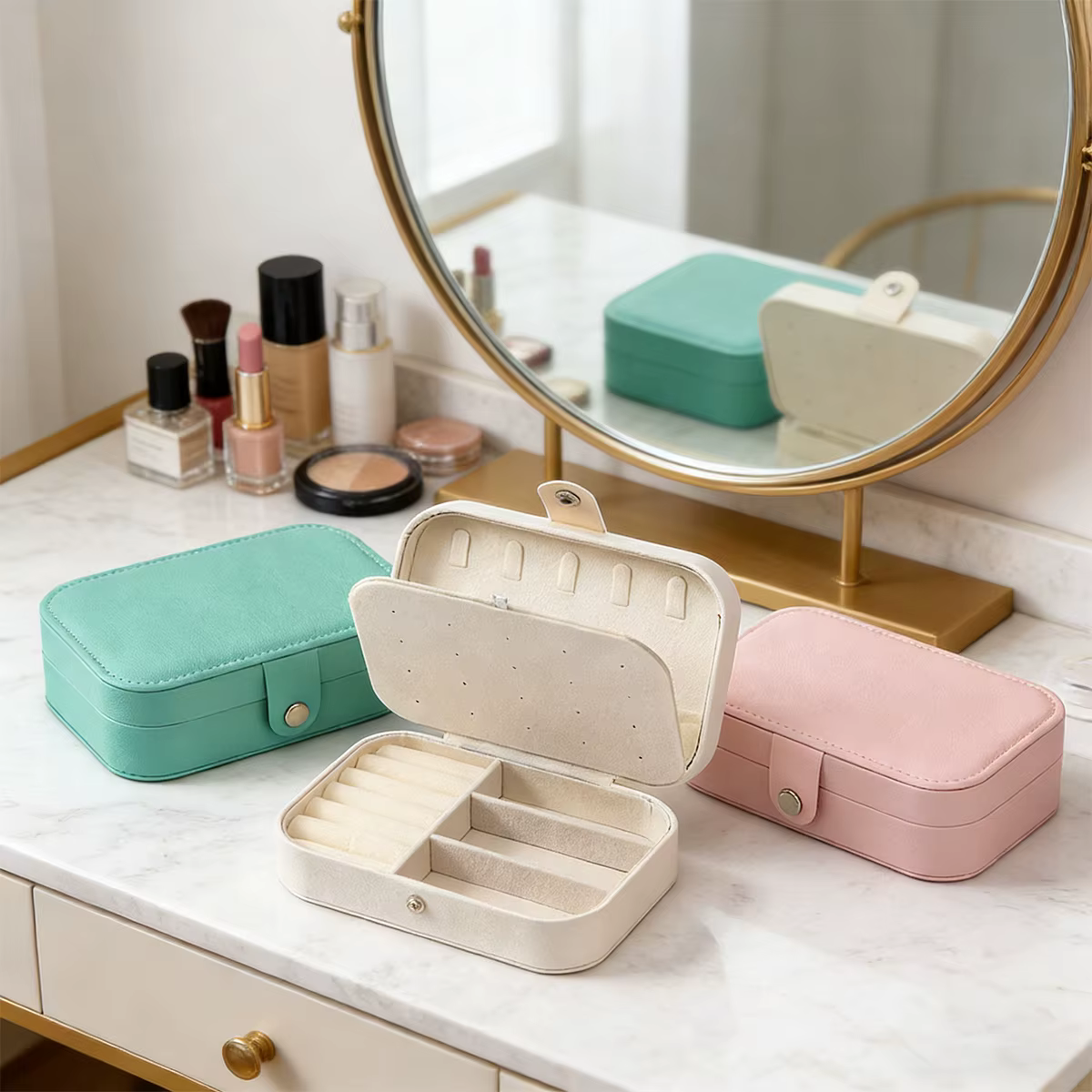 Boîte à bijoux Portable multi-compartiments avec doublure en velours, organisateur de bijoux rose adapté aux voyages pour accessoires