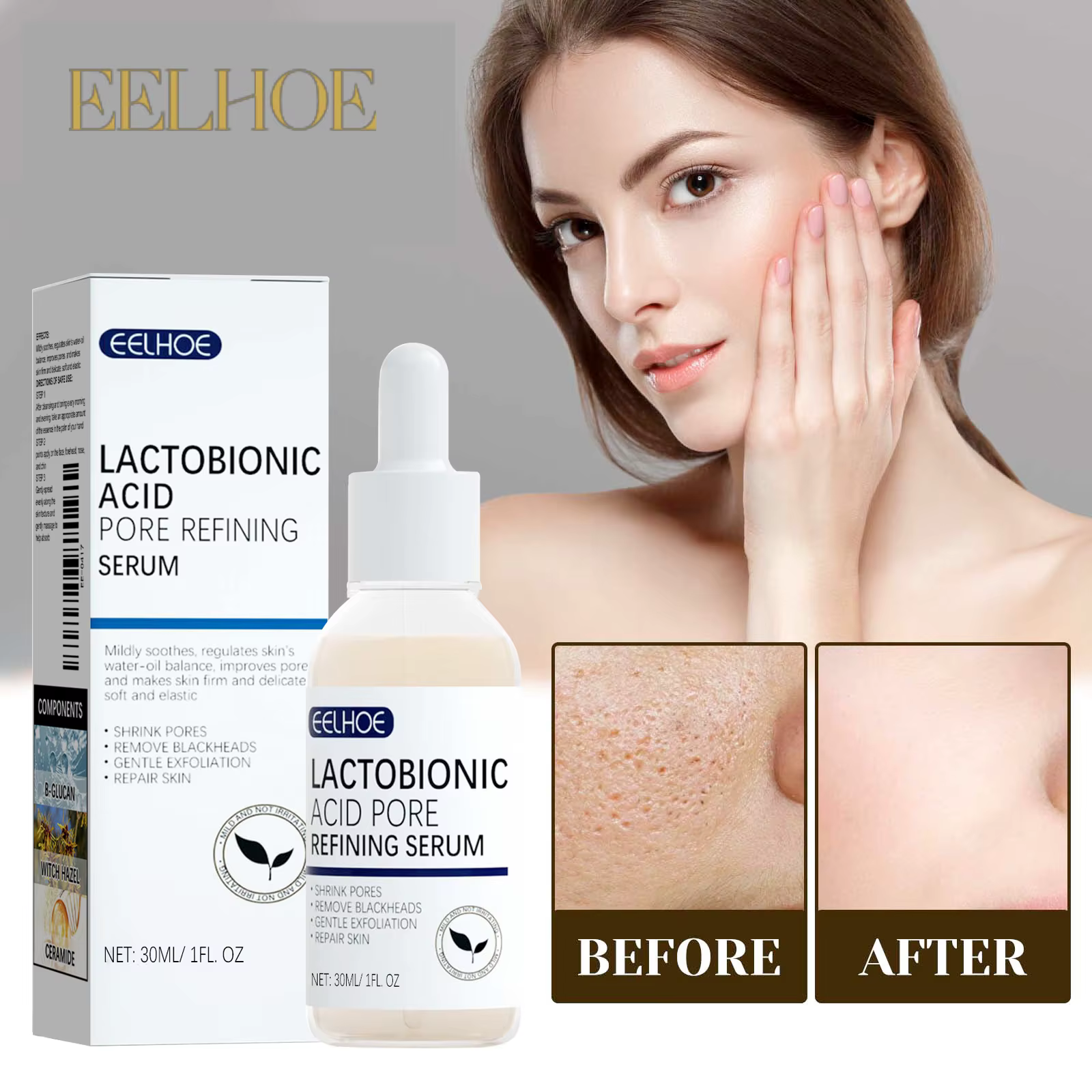 EELHOE acide lactobionique rétrécit les pores sérum pour le visage réparation de la peau enlever les points noirs acné