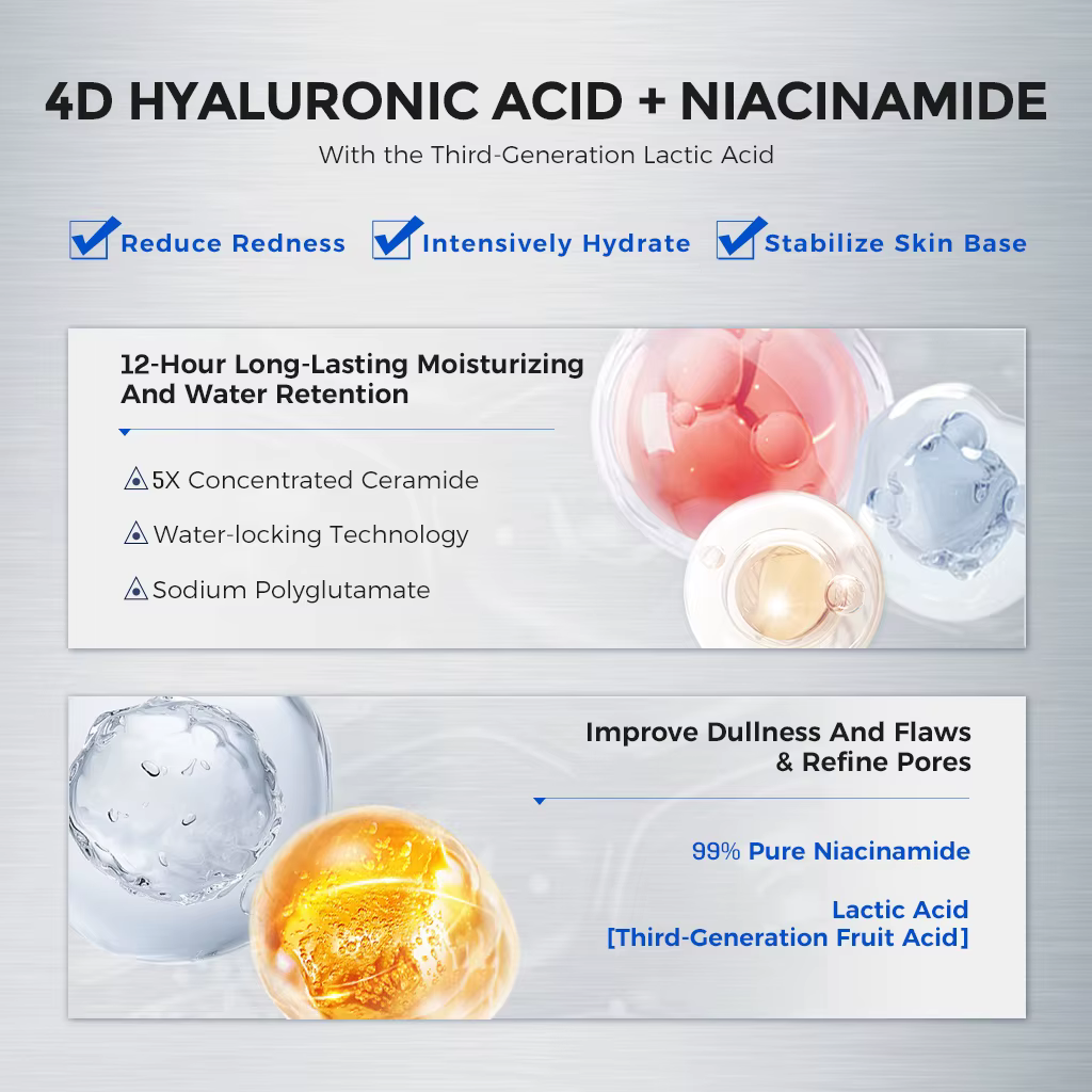 NING DERMOLOGIE Masque hydratant éclaircissant à l'acide hyaluronique 4D avec niacinamide et céramide pour une peau lisse