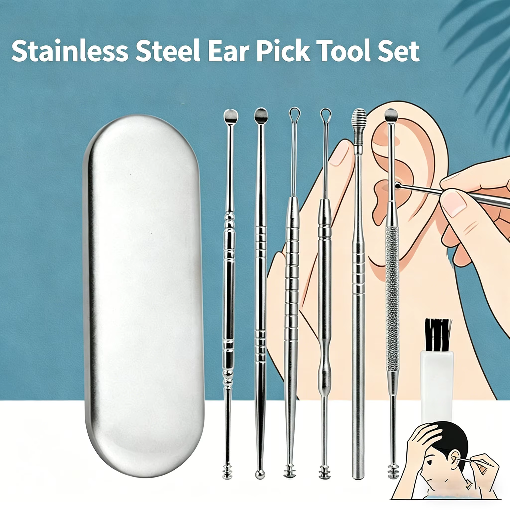 Nettoyeur d'oreilles en spirale portable en acier inoxydable, design compact et fin pour l'entretien quotidien des oreilles des adultes à la maison