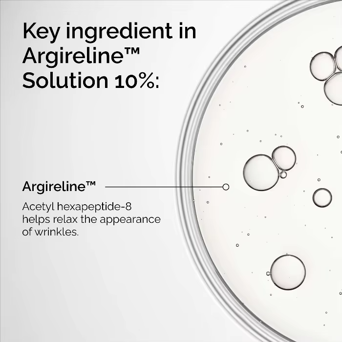 La solution Argireline 10% pour réduire les ridules améliore l'apparence des zones facelles sujettes pour développer des plis dynamiques