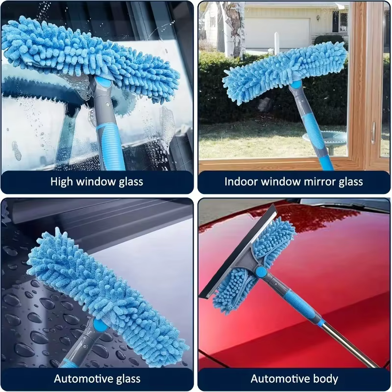 Kit de nettoyage de vitres 2-en-1 pour hauteur : raclette réutilisable et perche télescopique pour le nettoyage des vitres, bord en acier inoxydable