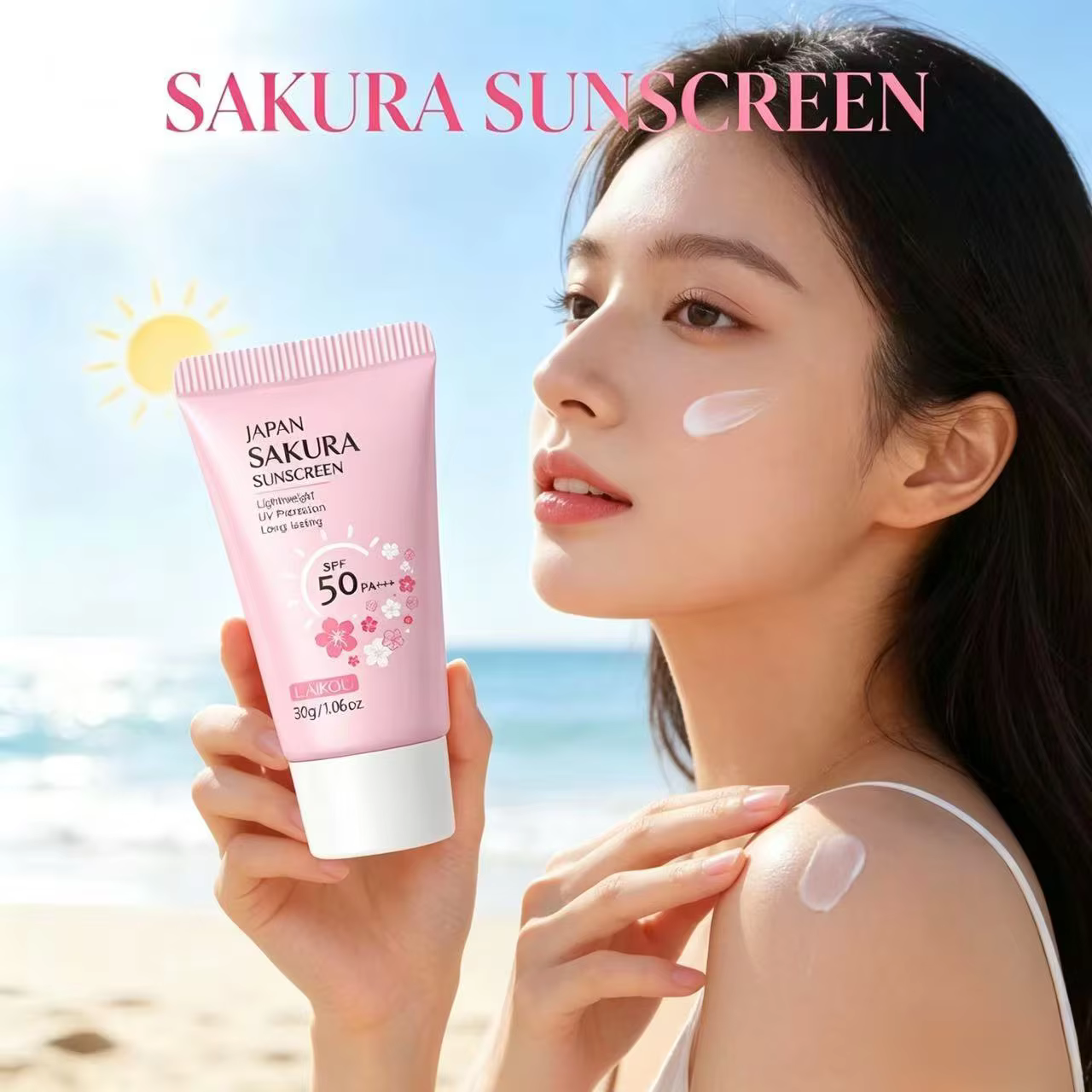 Crème solaire LAIKOU Sakura SPF50+ Protection UV Visage et Corps Rafraîchissante Imperméable Hydratante Correctrice 30g ﻿