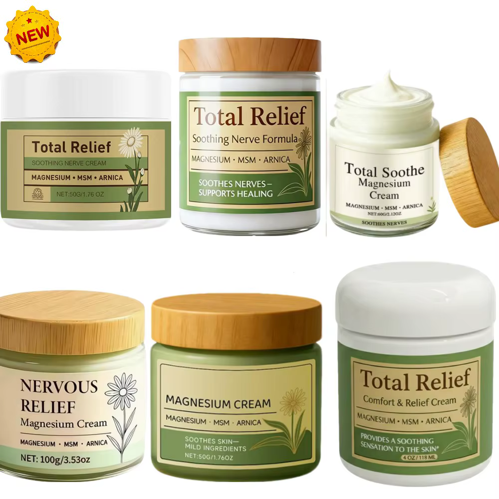 Crème Apaisante Naturelle Total Relief pour les Nerfs, Hydratant Enrichi en Magnésium et Arnica pour le Soin Quotidien du Corps et l'Éclat de la Peau