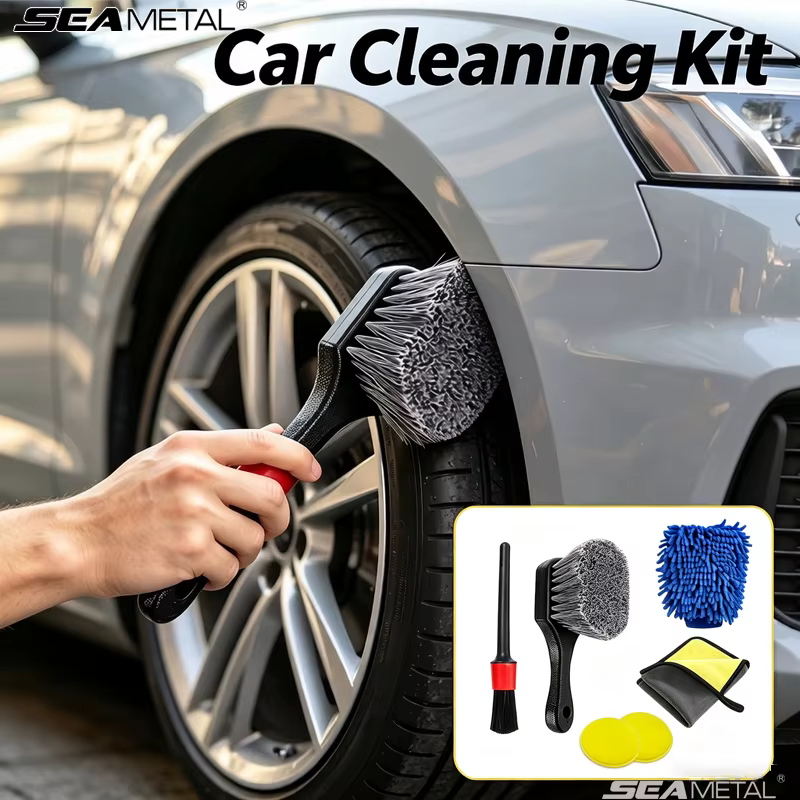 Kit de nettoyage de voiture SEAMETAL : Brosse de detailing, serviette de lavage, gant de lavage, éponges, outils d'entretien automobile, accessoires de lavage intérieur et extérieur