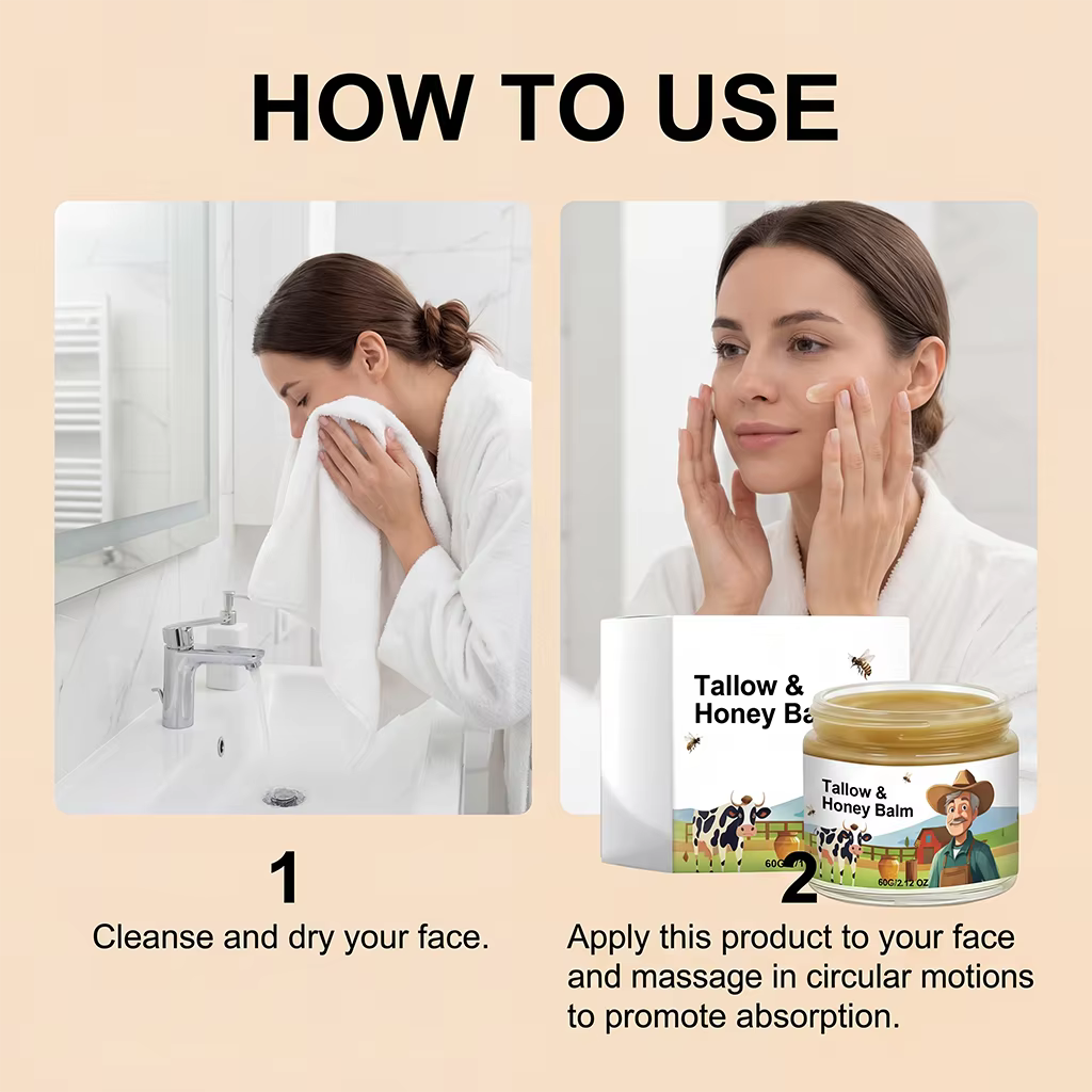 Baume au suif de bœuf biologique nourri à l'herbe avec miel cru - Crème hydratante pour une peau douce et lisse - Hydratant entièrement naturel fait à la main