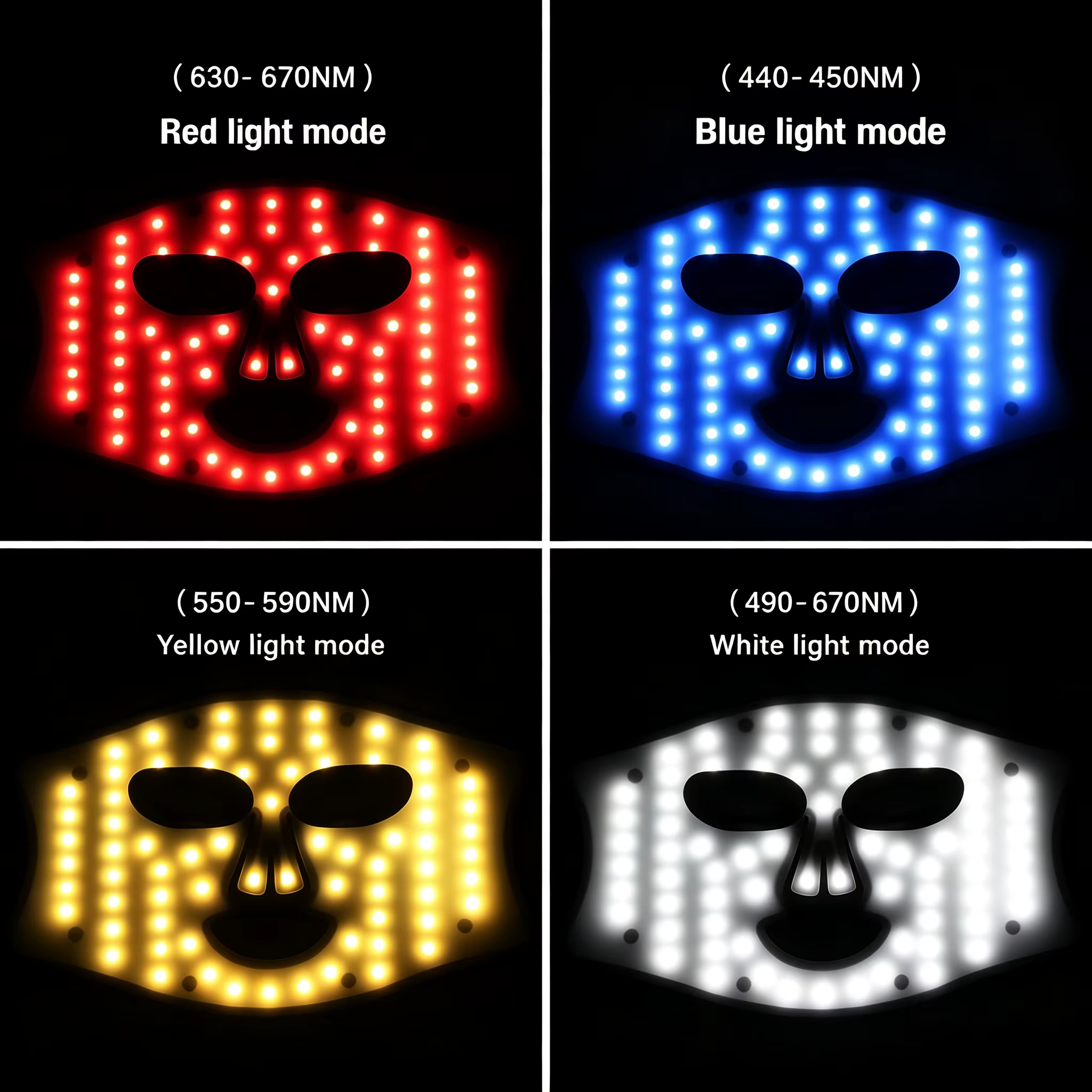 Masque LED Visage 4 Couleurs, Appareil de Soin de la Peau à Lumière Rouge et Bleue, 72 Perles LED, Masque de Beauté Rechargeable sans Fil avec Minuteur pour Soin du Visage à la Maison, Homme Femme