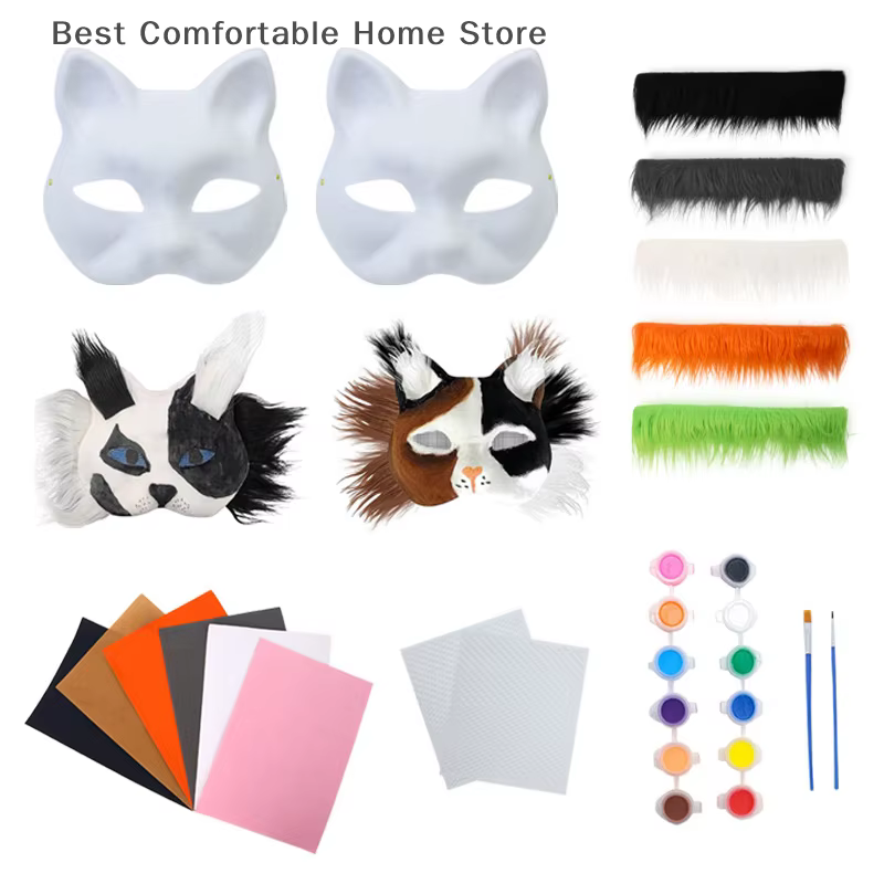 3 pièces/ensemble bricolage à la main Graffiti demi-masque Therian masque Kit masque blanc demi visage dessiné à la main Animal chat renard masque cadeaux de fête