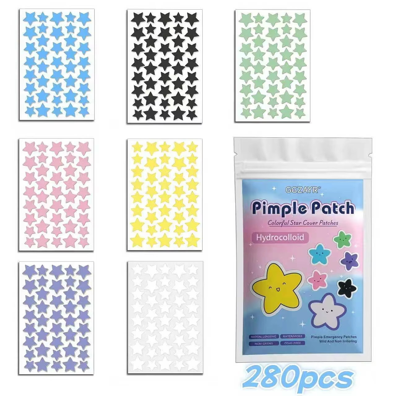 280/1120/1680pcs Patchs de boutons étoiles sept couleurs – Points hydrocolloïdes invisibles pour un soin de la peau amusant et doux