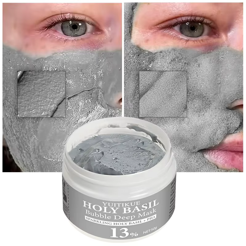 YUITIKUE Masque à bulles de basilic sacré avec 13 % PHA et 22 % d'argile naturelle - Nettoyage en profondeur auto-mousse