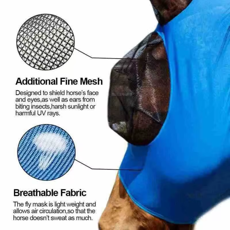 Masque anti-mouches pour chevaux avec oreilles, en Lycra extensible, protection UV, masque intégral, anti-moustiques, maille respirante, protection estivale pour équidés
