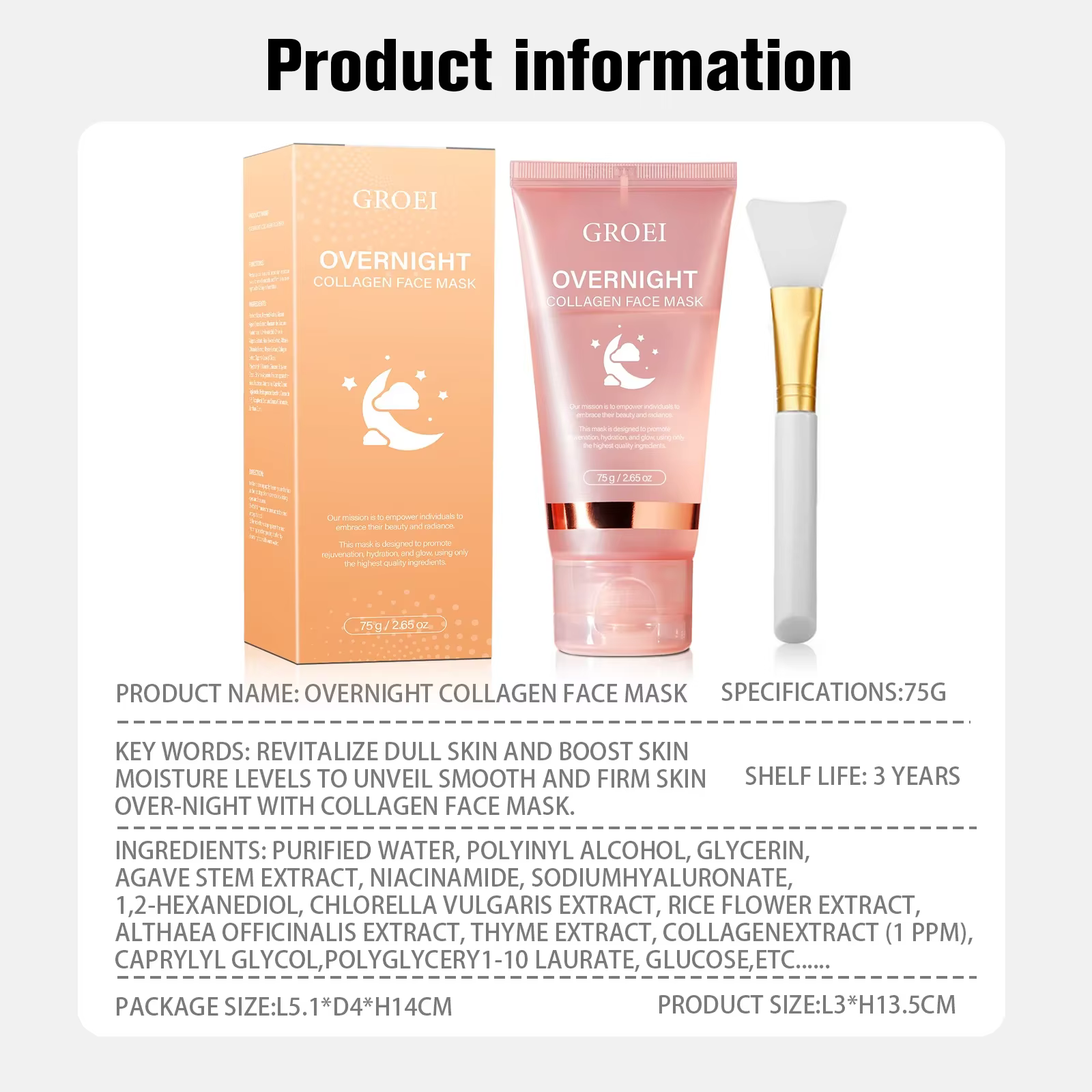 Masque au collagène de nuit 75g - Fournit une hydratation intense et un raffermissement de la peau pendant vous dorme.