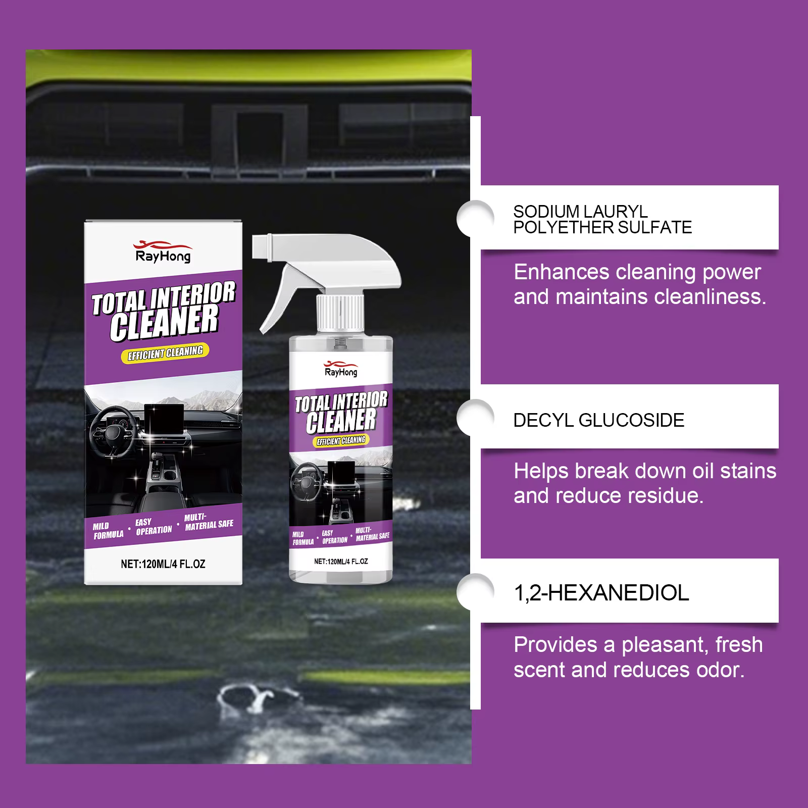 Nettoyant intérieur de voiture pour cuir, tissu et toit – Nettoyant pour ceintures de sécurité sans rinçage – Puissant détachant pour detailing automobile