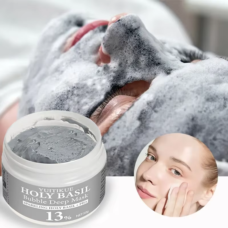 YUITIKUE Masque à bulles de basilic sacré avec 13 % PHA et 22 % d'argile naturelle - Nettoyage en profondeur auto-mousse
