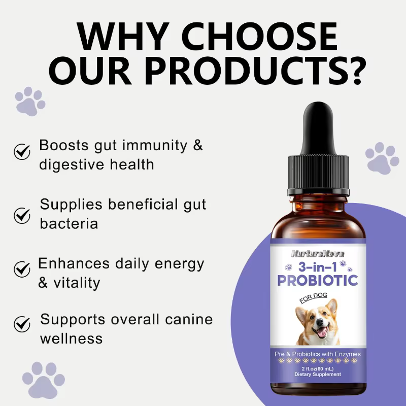 Gouttes Probiotiques Douces Comestibles pour le Soin Intestinal : Apaisent les Maux d'Estomac et Réduisent les Flatulences pour Animaux à Quatre Pattes d'Intérieur et d'Extérieur