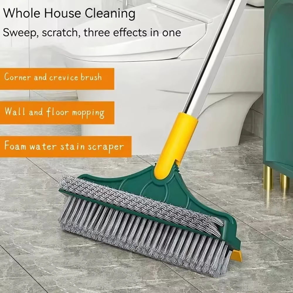 Brosse de nettoyage 2-en-1 pour sol de salle de bain, brosse à long manche avec raclette amovible, balai magique, outil de nettoyage pour carrelage et cuisine