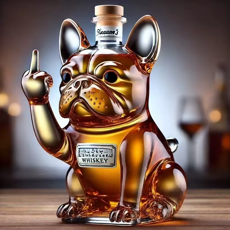 Bouledogue français en verre transparent créatif, vin rouge créatif, bouteille de vin scellée de forme irrégulière, bouteille vide de whisky et de vodka