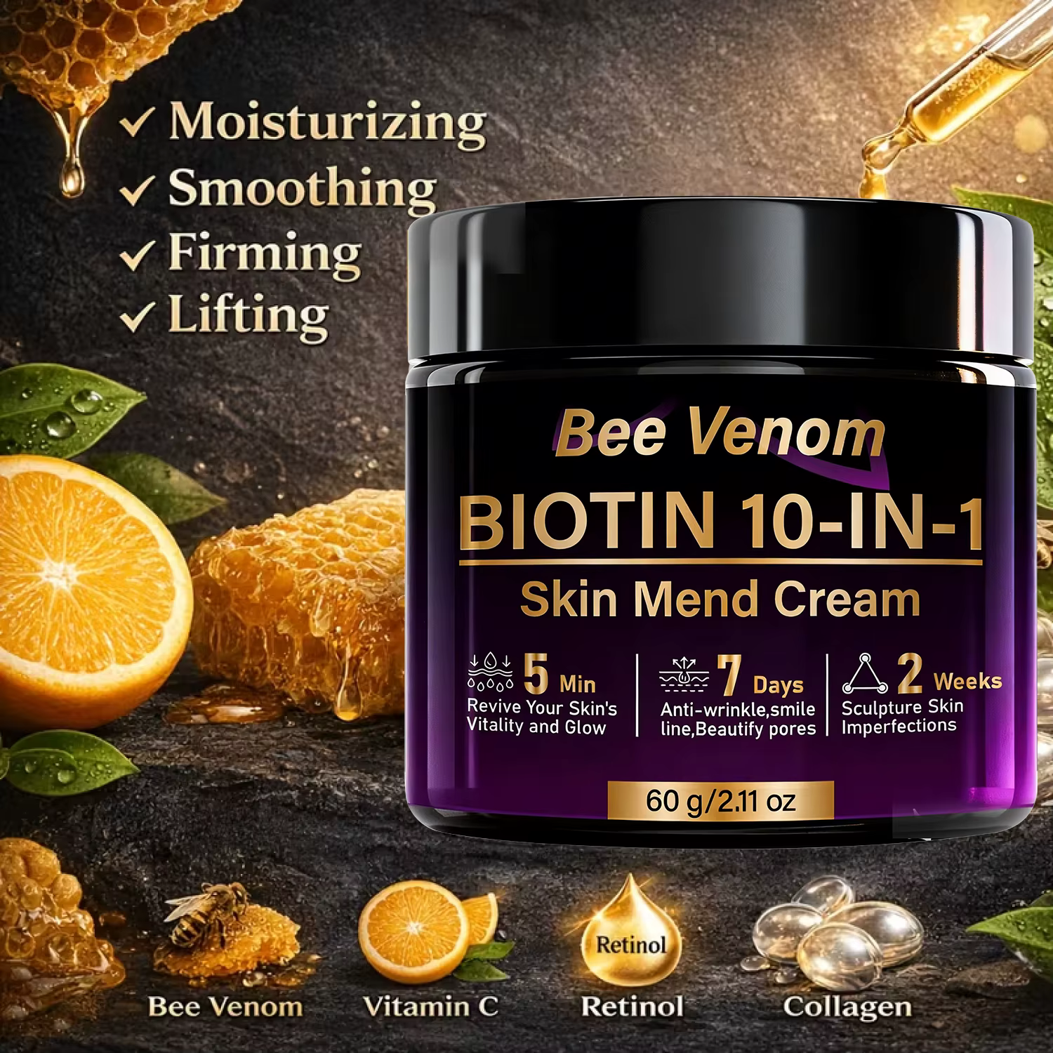 Crème réparatrice pour la peau au venin d'abeille et à la biotine 10-en-1