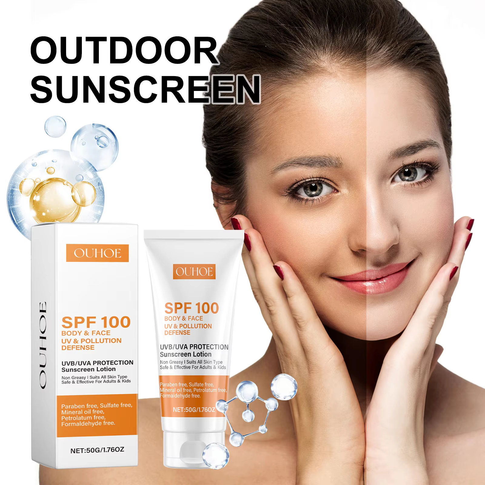 Ouhoe crème solaire corps et visage SPF 100 Protection UVA UVB bloqueur Non gras défense quotidienne pour l'été utilisation en plage en plein air 50g