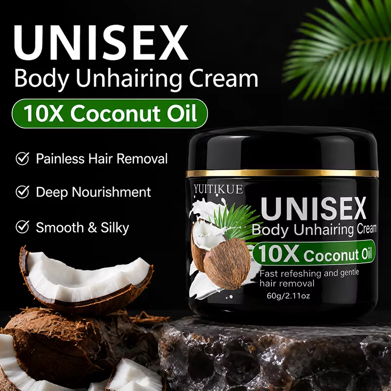 Crème dépilatoire à l'huile de coco unisexe YUITIKUE 60g, épilation douce et rapide, crème de soin quotidienne pour le corps entier