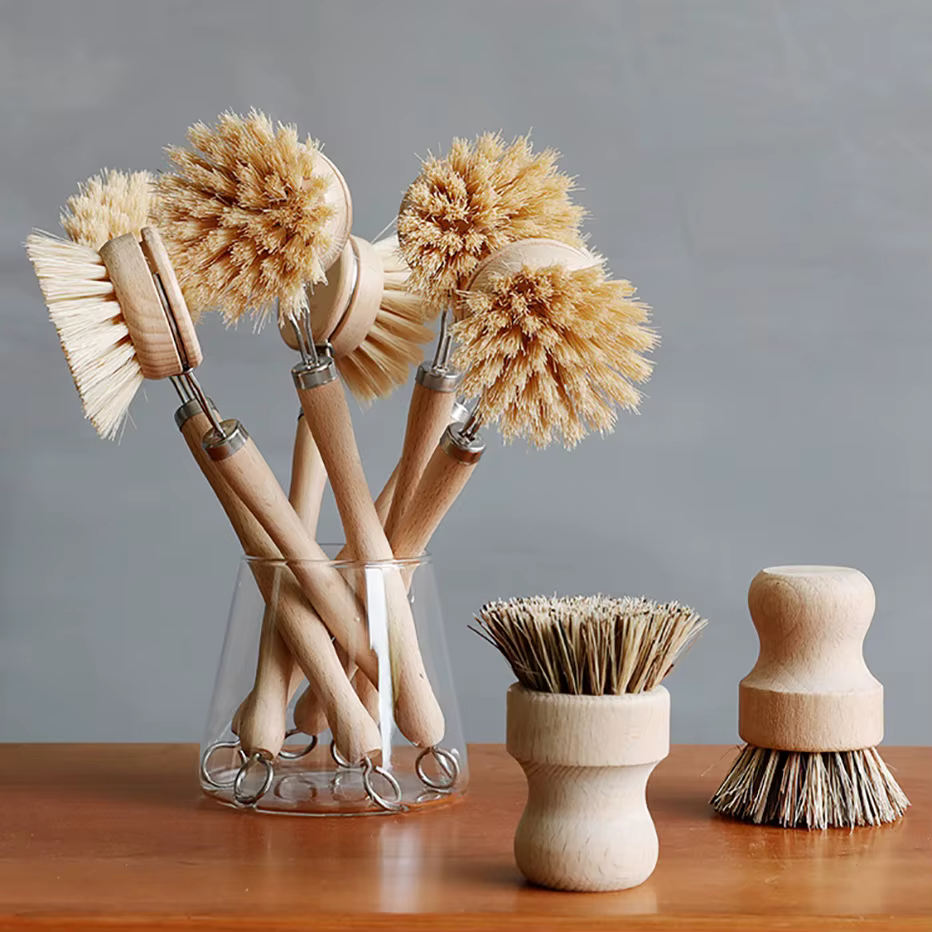 Brosse de nettoyage de cuisine en bambou, vaisselle naturelle, casseroles, poêles, évier, brosse de lavage, épurateur propre écologique avec plateau de rangement égouttoir