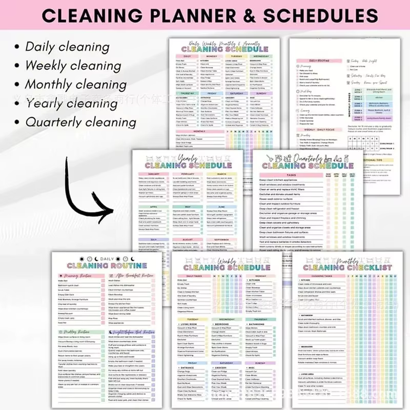 Kit de planification de nettoyage pour la maison - Comprend un calendrier de nettoyage domestique, un plan de nettoyage hebdomadaire/mensuel, des conseils de nettoyage toute l'année, et des outils de 