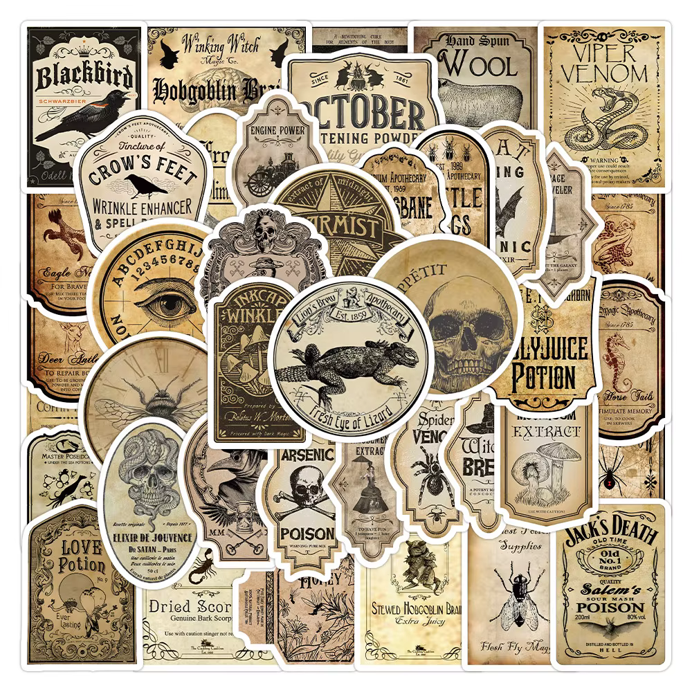 Étiquettes autocollantes de potion Vintage, 52 pièces, autocollants d'alchimie mystique pour pots de sorcellerie, livres de sort et décoration d'halloween