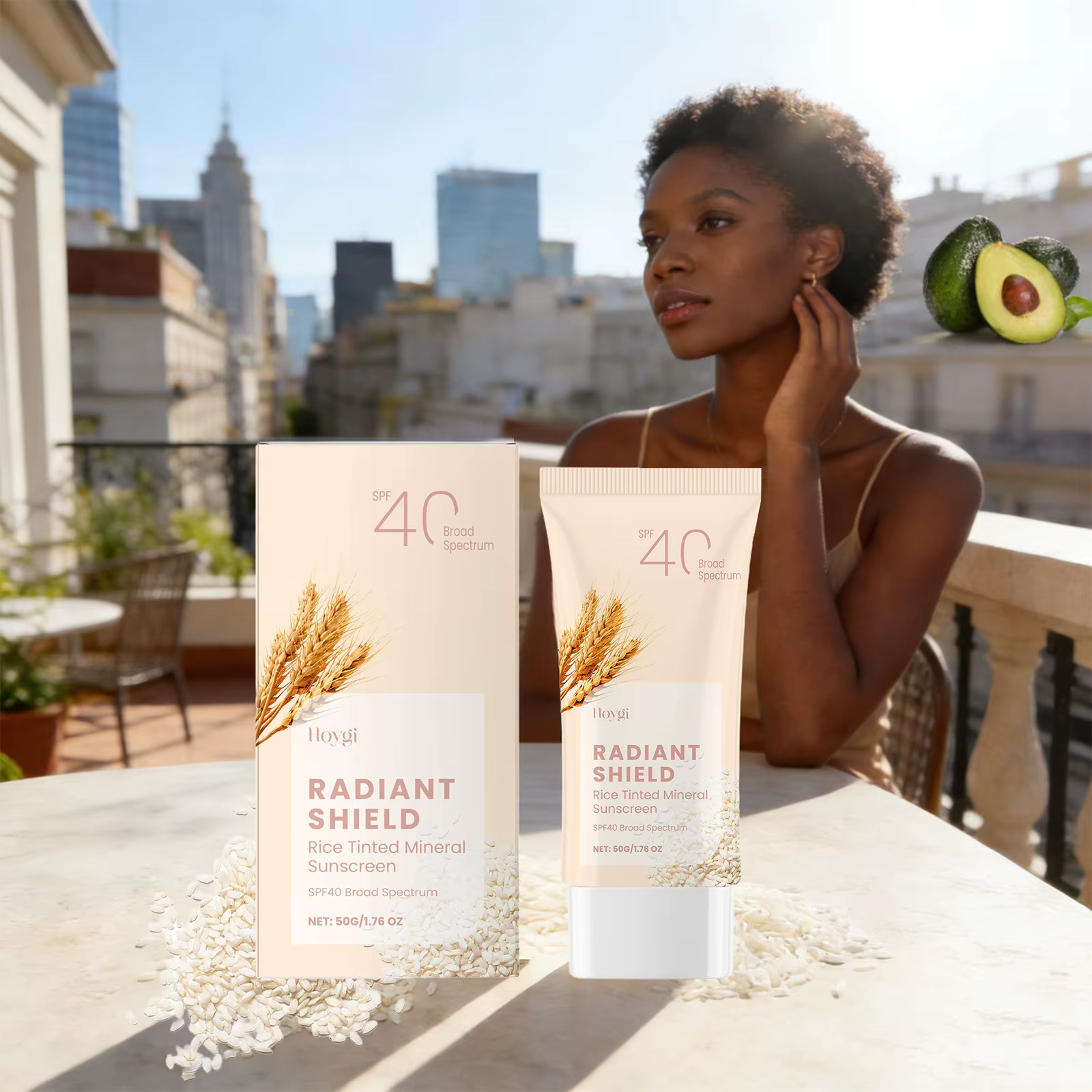 Crème solaire minérale teintée au riz SPF40