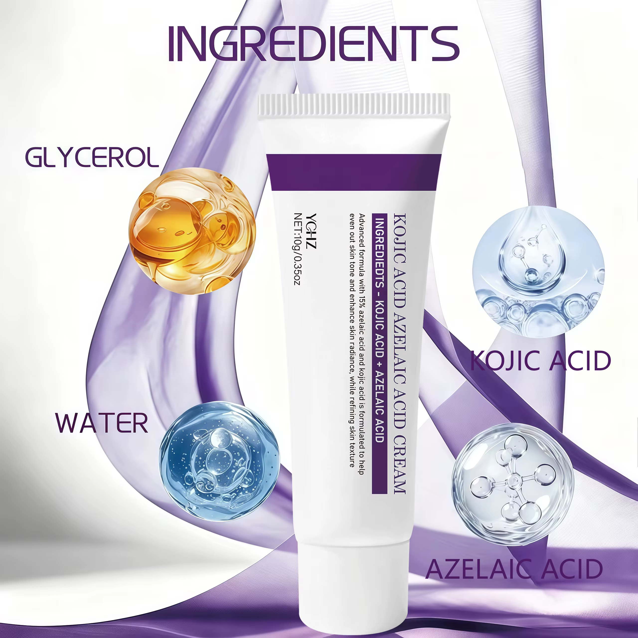 Crème pour le visage à 15 % d'acide azélaïque, essence hydratante en profondeur, absorption rapide, douce et respectueuse de la peau. Les ingrédients incluent de l'acide kojique, de la niacinamide, de