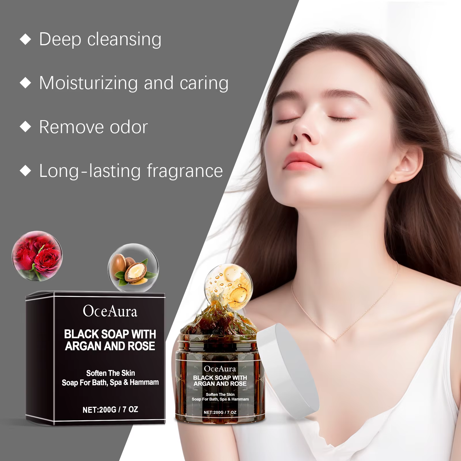 Savon Nettoyant Noir Exfoliant Corporel Purifiant Anti-Points Noirs Contrôle du Sébum Éclaircissant Crème Gommante Douce pour le Corps