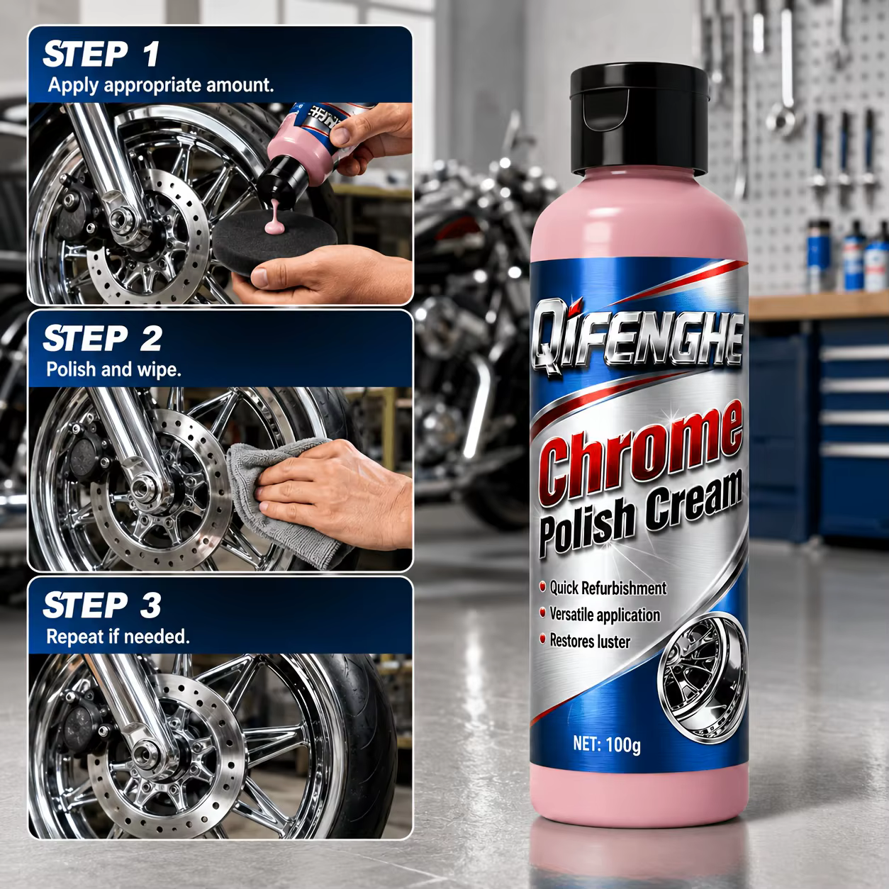 Crème de polissage chromée 100g - Composé de polissage rapide qui nettoie, protège et confère une brillance durable à vos accessoires chromés.