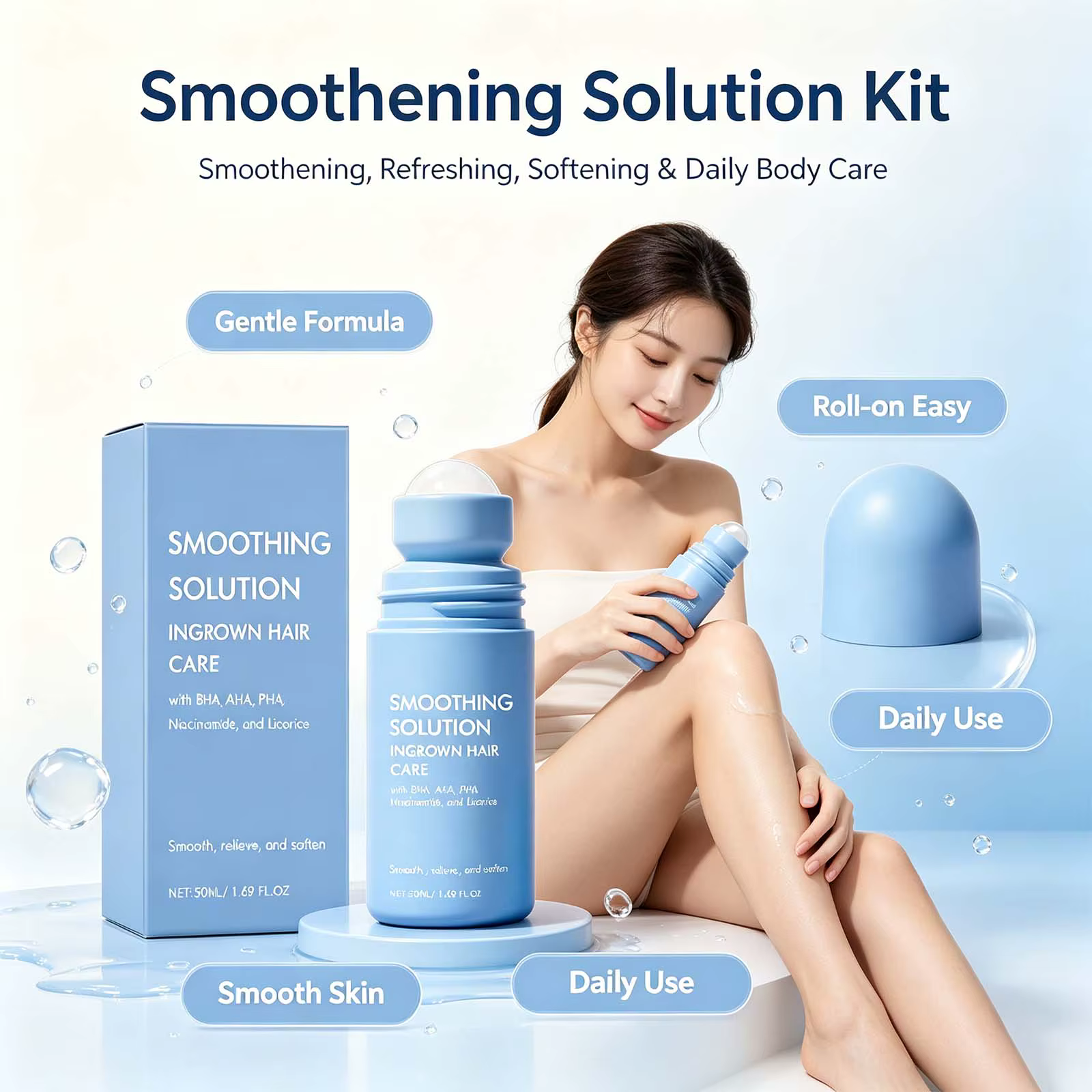 Solution lissante pour poils incarnés – Rouleau de soin hydratant pour les poils incarnés du maillot de bain et des aisselles – Sérum roll-on à la Centella