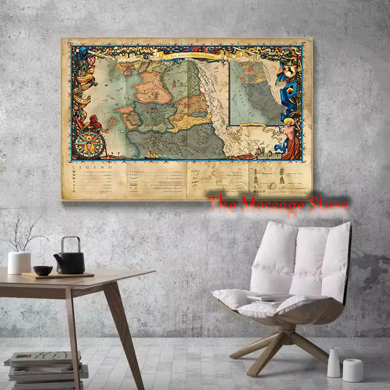 Carte du monde Witcher, localisation continentale, Art mural, jeu vidéo, décor de salle de Gamer, affiche, peinture sur toile, images murales, décoration de maison, cadeaux
