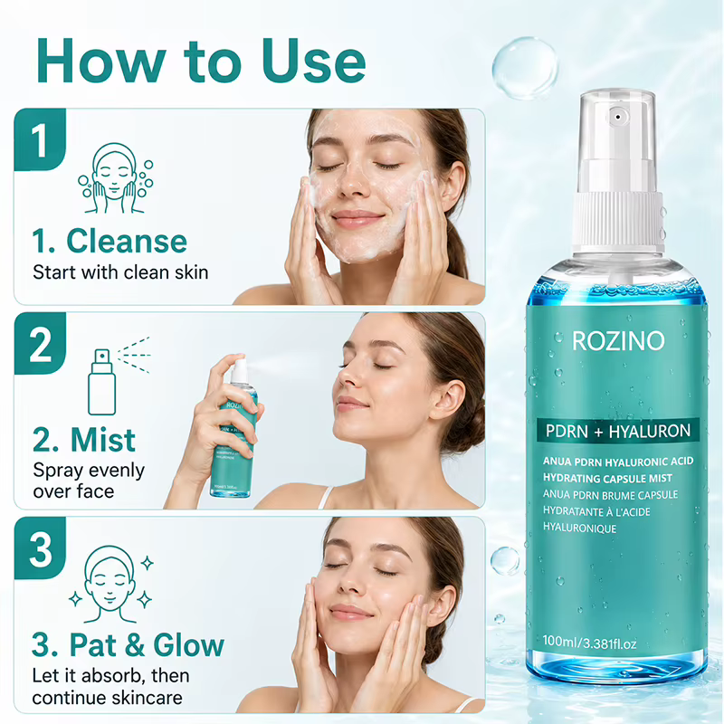 Nouvelle formule hydratante de luxe coréenne de Rozino, spray hydratant pour le visage à l'acide hyaluronique et au PDRN, contient un complexe luxueux d'essence réparatrice au PDRN et de multiples ing
