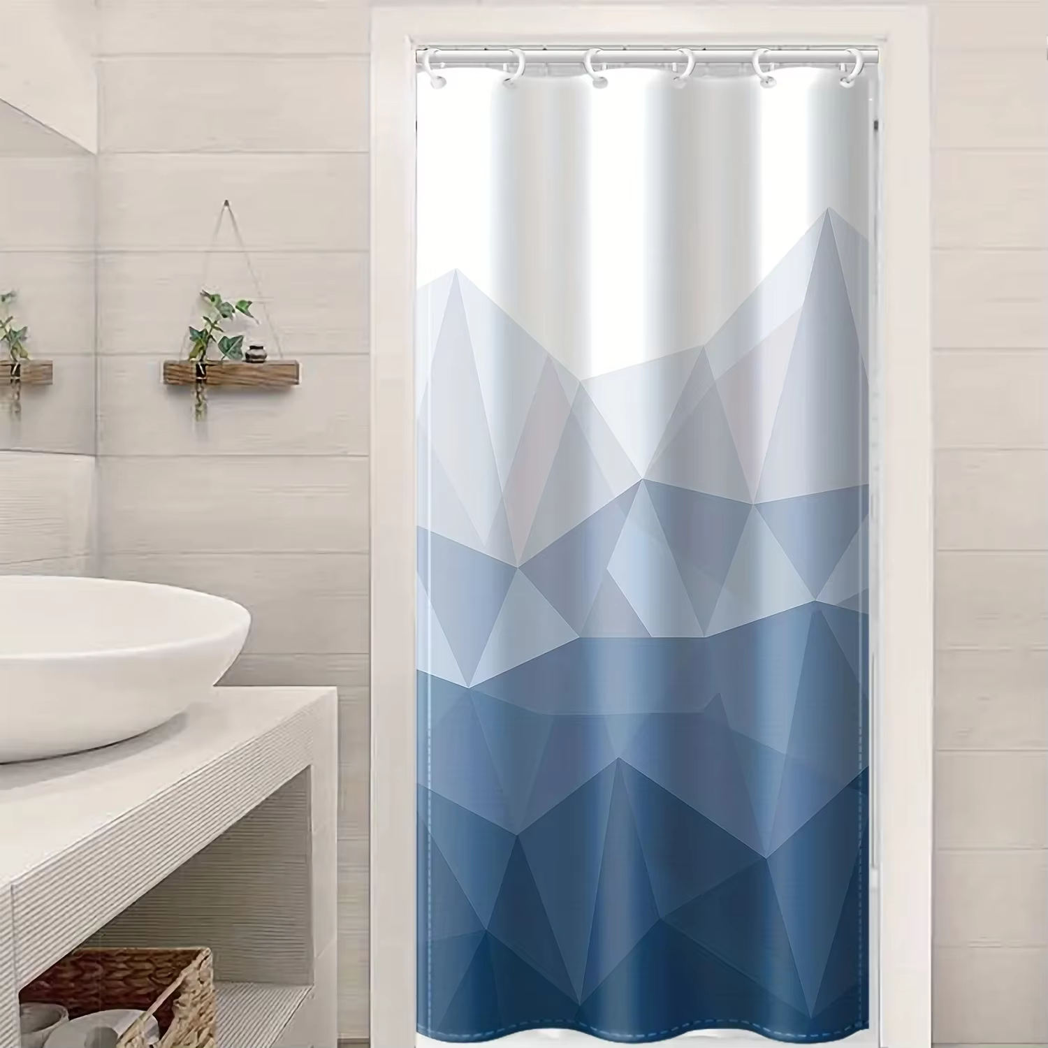 Rideau de douche imperméable géométrique bleu et blanc élégant – Parfait pour ajouter un toucher moderne et élégant à votre décoration de salle de bain
