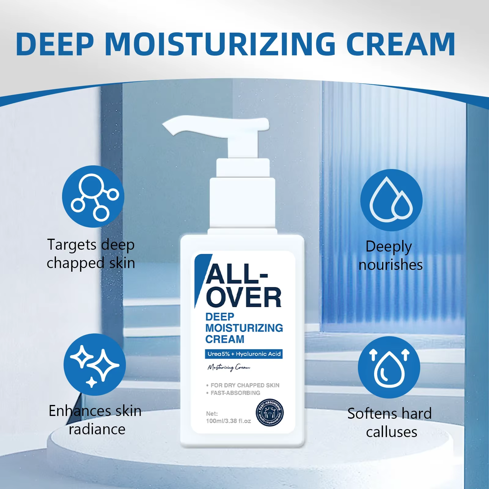 ALL-OVER crème hydratante en profondeur 100ml 5% urée acide hyaluronique hydratation peau sèche gercée Absorption rapide visage corps soins des mains