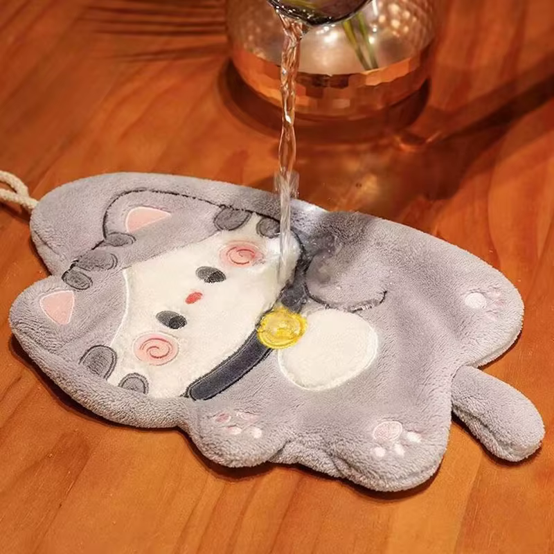 Serviette à main en forme de chat de dessin animé, chiffon de nettoyage Kawaii pour cuisine et salle de bain, serviette suspendue super absorbante, chiffon de nettoyage