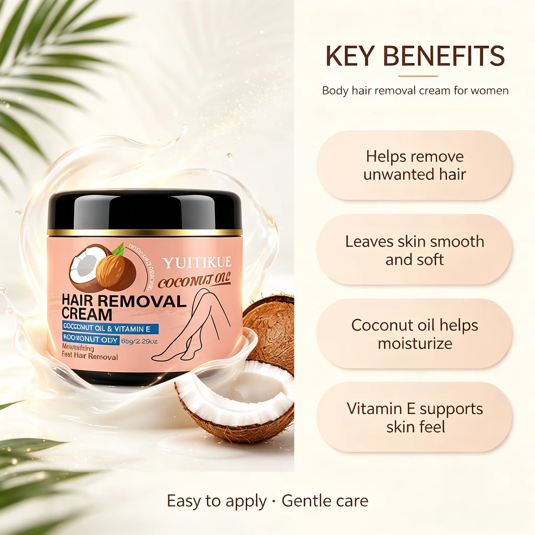 Crème dépilatoire à l'huile de coco YUITIKUE 65g - Douce et hydratante pour femmes