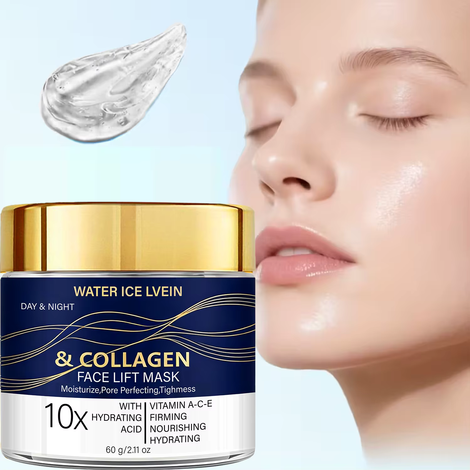 WATER ICE LEVIEN Masque Visage Liftant Hydratant Raffermissant Affine les Pores au Collagène Acide Hyaluronique Vitamines A C E pour Jour et Nuit 60g