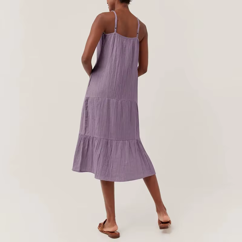 Robe élégante et jolie en mousseline 100% coton pour femmes, robe sexy à col en V sans manches avec volants, robe chic pour les vacances à la plage
